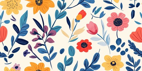 Colorful floral patterns featuring bold flowers and leaves against a light background in a vibrant design for textiles and wallpapers