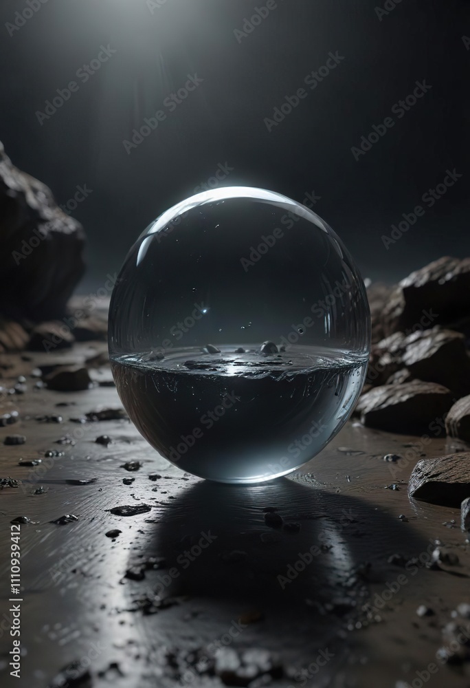 Poster glass orb floating above a dark, mysterious surface with an air of foreboding, chrome pedestal, fore