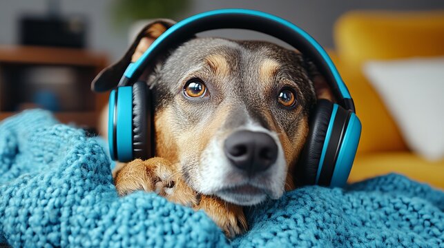 A cozy dog with brown fur wearing blue headphones sits comfortably on a teal blanket, exuding a relaxed and content vibe in a modern living room.