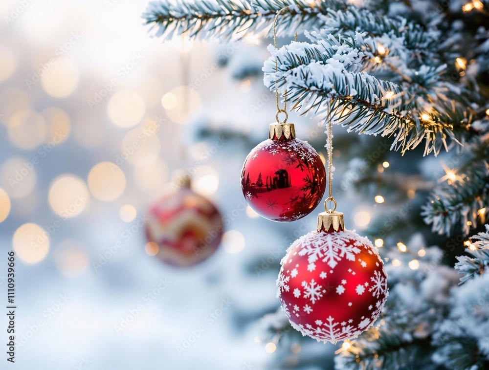 Poster a festive close-up of christmas ornaments hanging on a frosted tree branch, with sparkling lights in