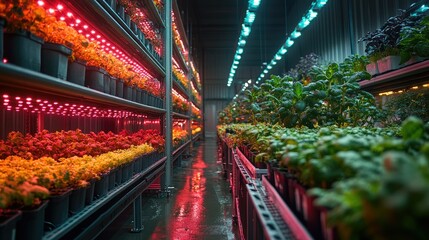 Indoor garden with vibrant LED lights illuminating various potted plants on shelves.