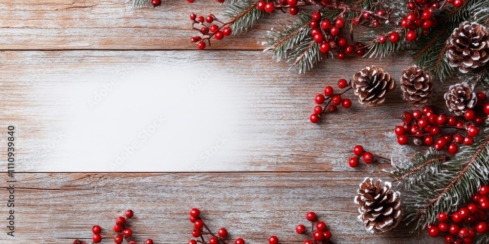 Poster a rustic wooden backdrop is adorned with frosted pine cones and red berries, creating a charming fes