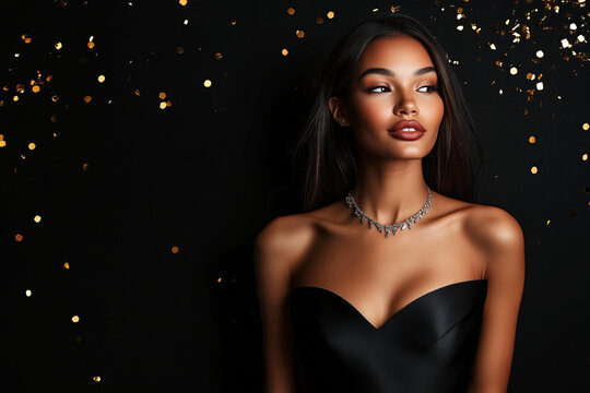 
A stylish mixed race brunette woman with long straight hair. stands against a solid black background, wearing a stunning strapless satin black dress with a sparkling diamond necklace   - Powered by Adobe