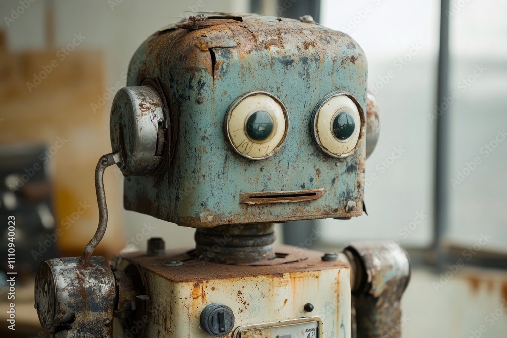 Poster rusty retro robot, evolution of artificial intelligence