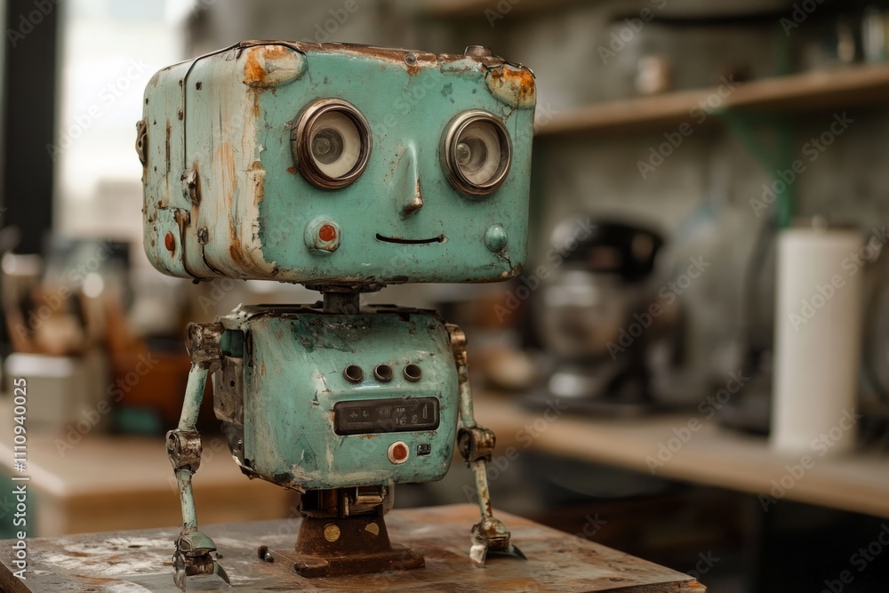 Poster old and rusty smiling robot standing on a wooden table in a blurred workshop