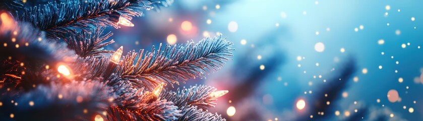 Festive Xmas banner with radiant snowy fir branches, bold blue tones, and futuristic holiday vibes