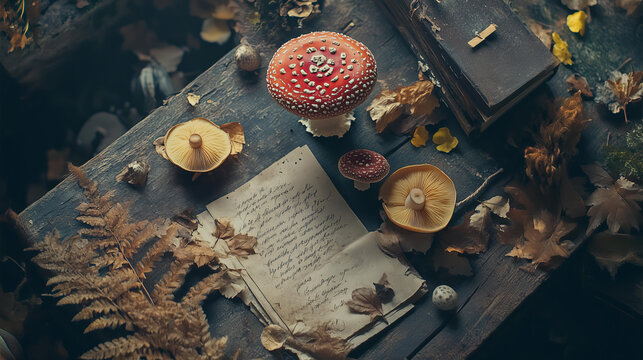 
mushrooms, ferns and dried flowers on an old table with vintage papers and string, red flu agaric mushrooms in the centre of picture, fantasy, witchy aesthetic, vintage, photorealistic


