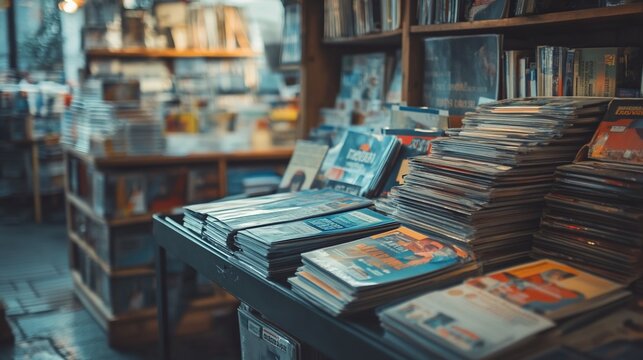Bookstore interior with stacks of books, magazines, and CDs on display.