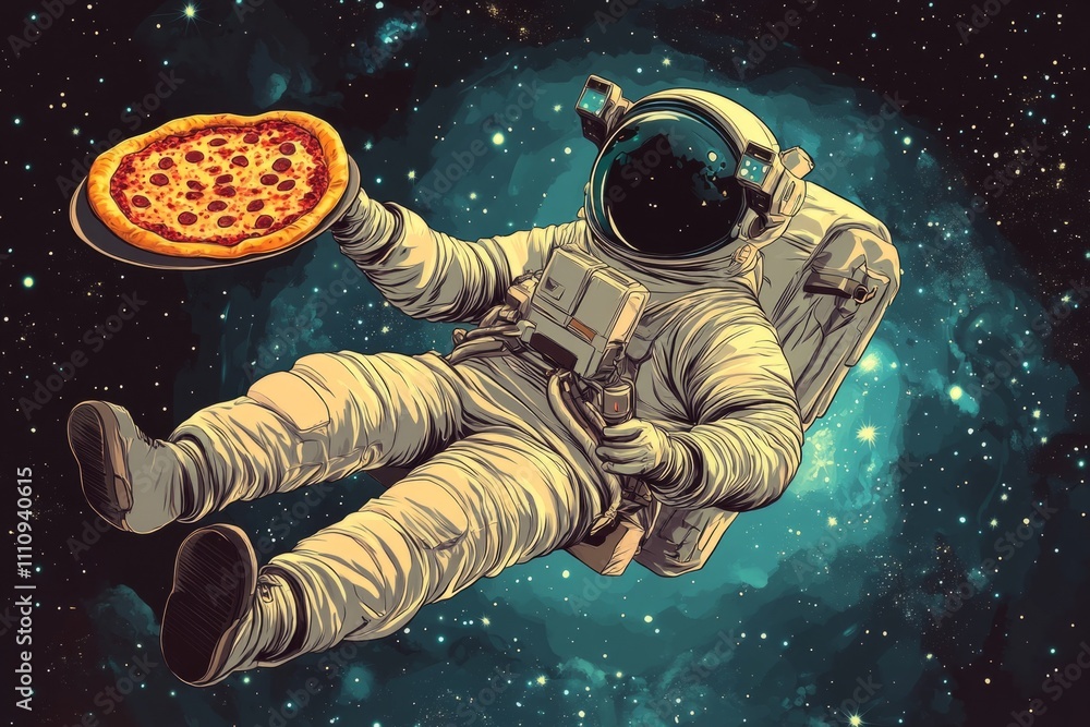 Poster astronaut is enjoying a pepperoni pizza while floating in outer space, surrounded by stars and nebul