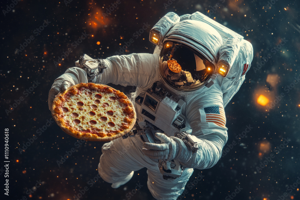 Aufkleber astronaut is enjoying a pepperoni pizza while floating in outer space, surrounded by stars and nebul