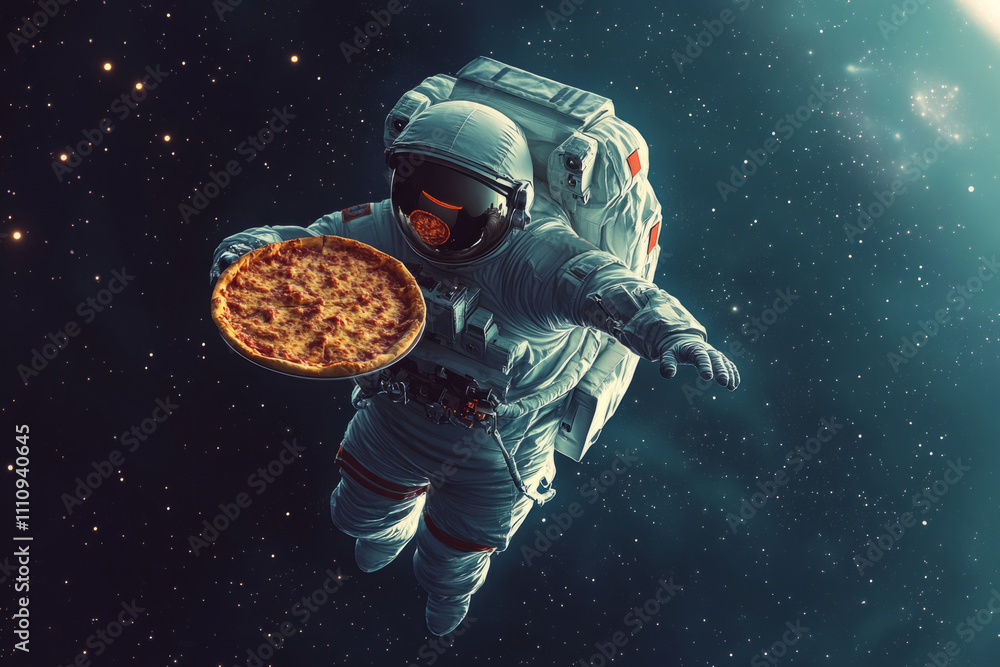 Poster astronaut is enjoying a pepperoni pizza while floating in outer space, surrounded by stars and nebul
