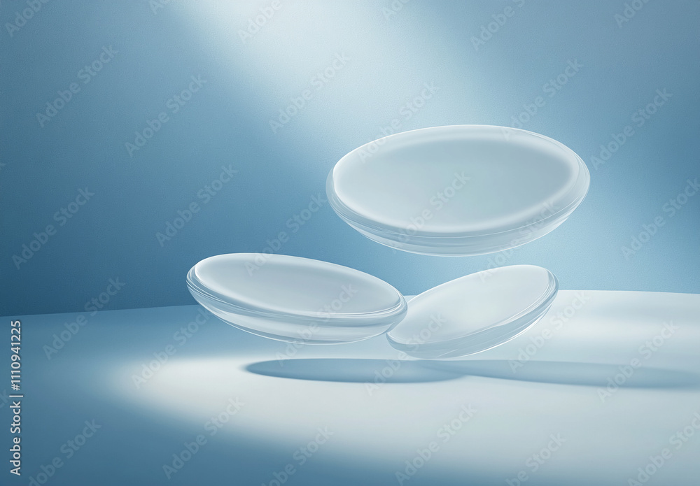 Poster floating glass discs illuminated by soft blue light in a minimalist setting