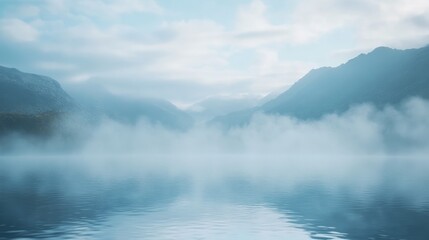 Misty Morning Serenity at the Lake, tranquil water enveloped in gentle fog, soft hues of dawn illuminating distant mountains, peaceful and serene atmosphere envelops the scene