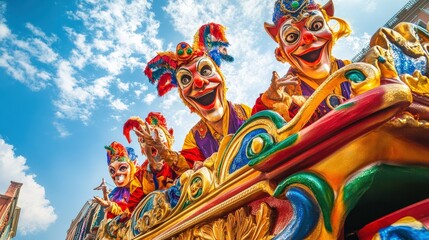 Colorful Carnival Parade with Joyful Clowns on a Festive Float against a Bright Sky to Celebrate Culture and Community Spirit in a Vibrant Atmosphere