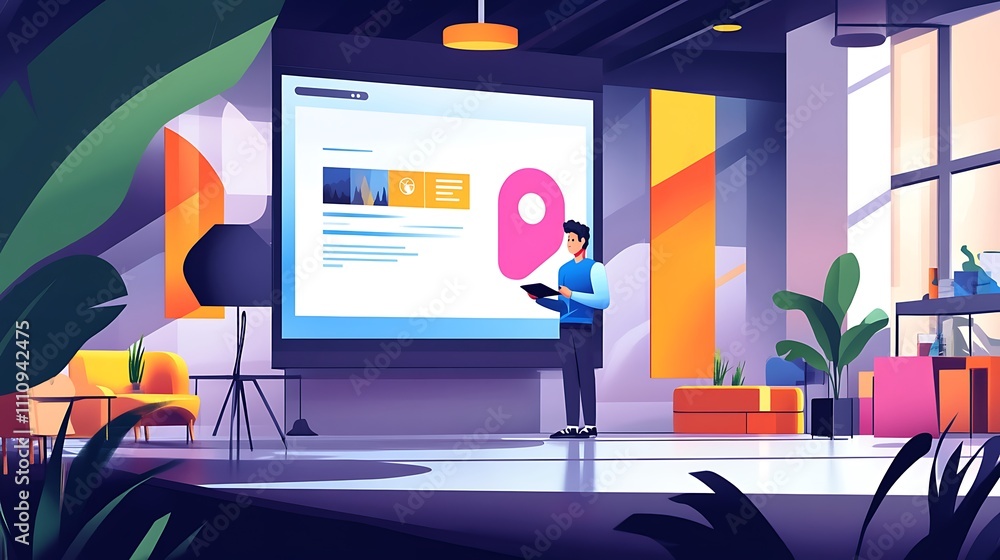 Aufkleber man presenting location data on large screen