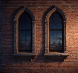 Fototapeta premium Gothic-inspired windows on a brick wall at dusk, gothic architecture, eerie, abandoned