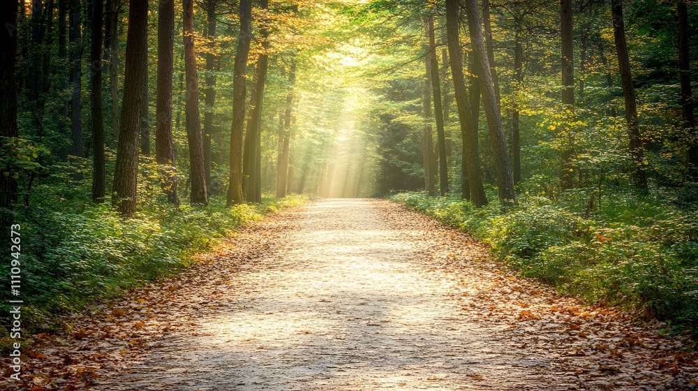 Aufkleber serene natural pathway through lush green forest illuminated by gentle sunlight filtering through tr