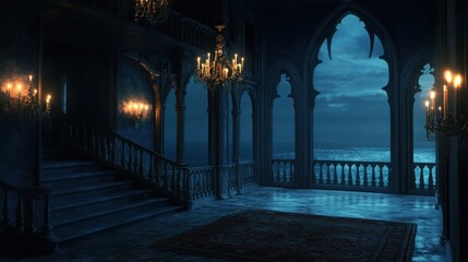 Fototapeta premium Gothic palace hall at night, ocean view.