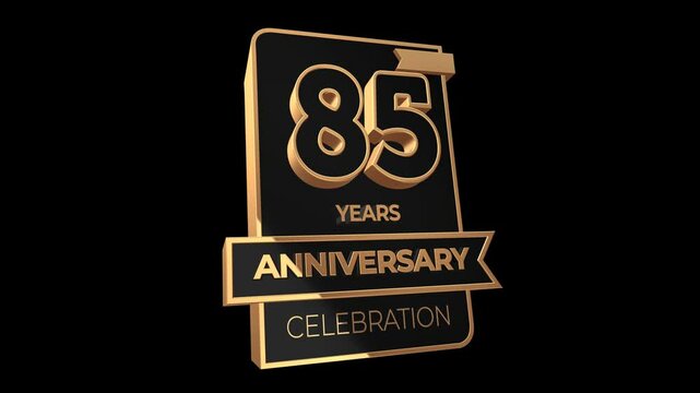 85 years, 85th anniversary logo, loop, looped video in 3D Gold with Alpha channel,  isolated transparent background