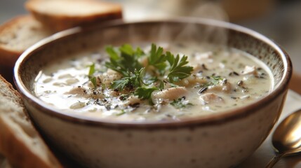 Photo of, A comforting bowl of chicken and wild rice soup garnished with chopped parsley and cracked black pepper, Chicken and wild rice soup served in a ceramic bowl with steam rising delicately