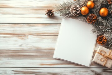 Obraz premium Golden ornaments and pine branches elegantly placed on wooden planks, accompanied by wrapped gifts, conveying warmth and elegance for a festive winter season.