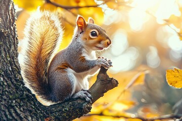 Obraz premium Squirrel perched on a branch among colorful autumn leaves in a serene forest during golden hour