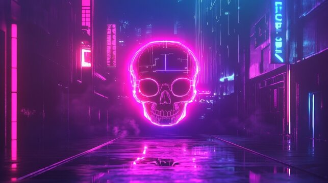 Futuristic glowing digital skull composition background
