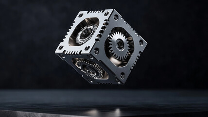 Hovering over a matte black surface is a 3D metallic cube with revolving gears inside.