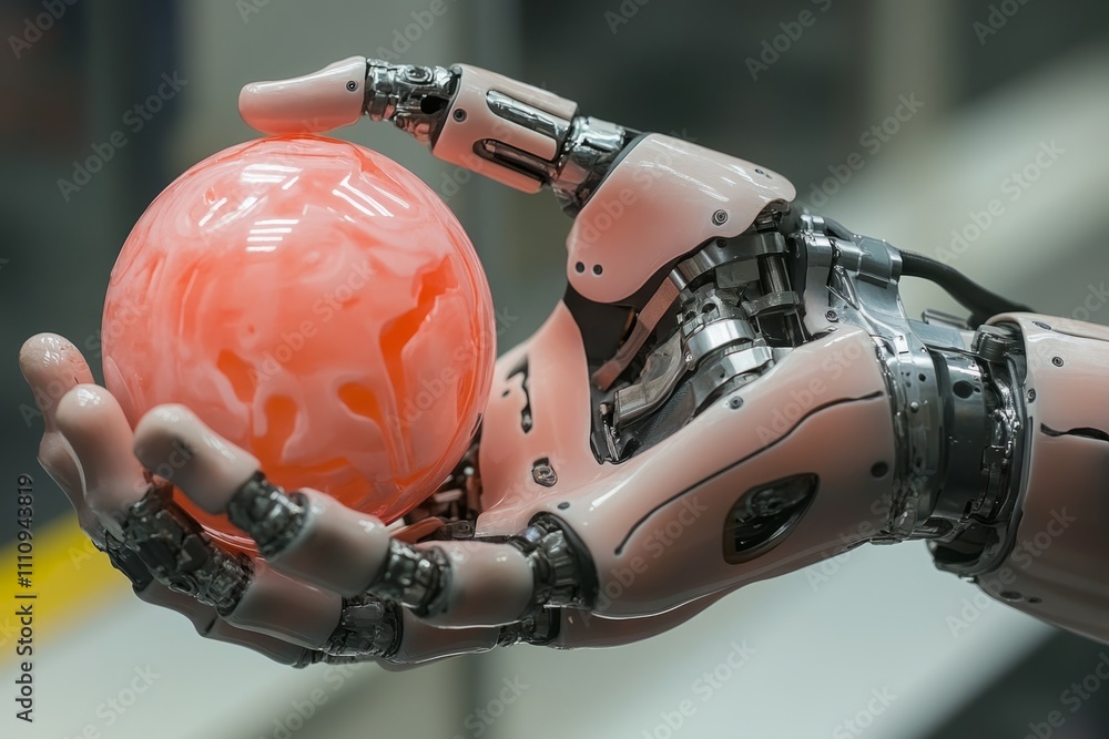 Poster robotic arm gently holds a sphere, showcasing the advancements in robotics and artificial intelligen