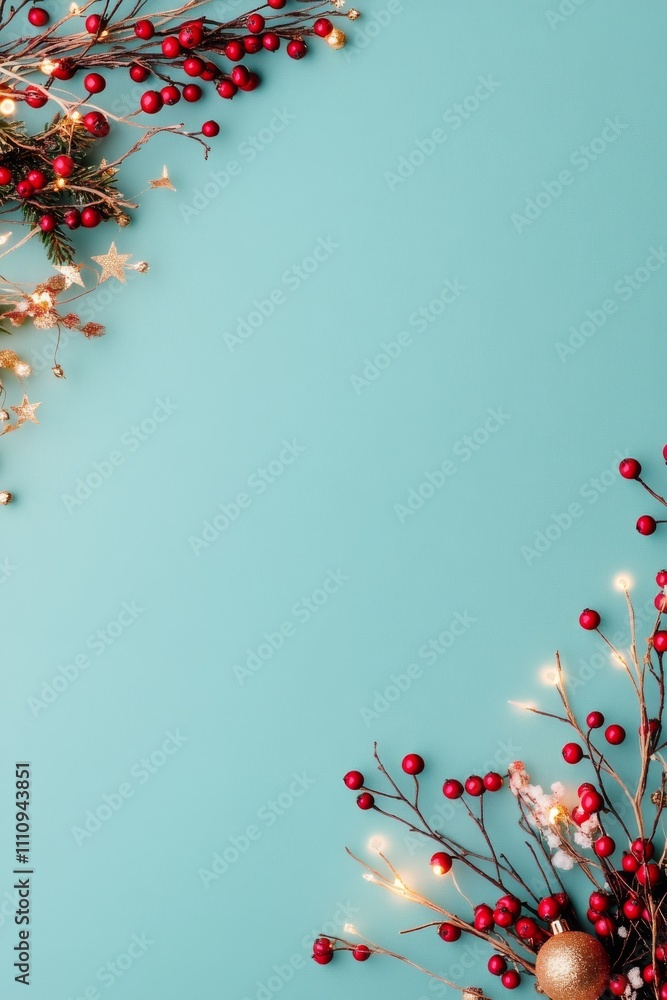Poster this image features a festive arrangement of red berries and branches adorned with golden lights on 