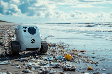 Small robot is collecting garbage on a crowded beach, showing the importance of keeping touristic places clean