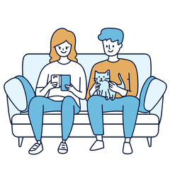 vector line art illustration of two people sitting on a sofa with their phones a cat sitting next to them on a white background . Generative AI