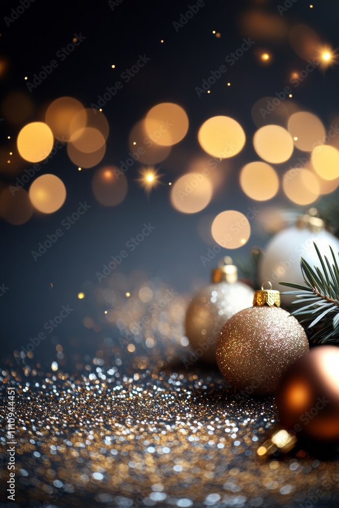 Aufkleber glittering christmas baubles lie scattered on a surface, surrounded by a dreamy bokeh background and