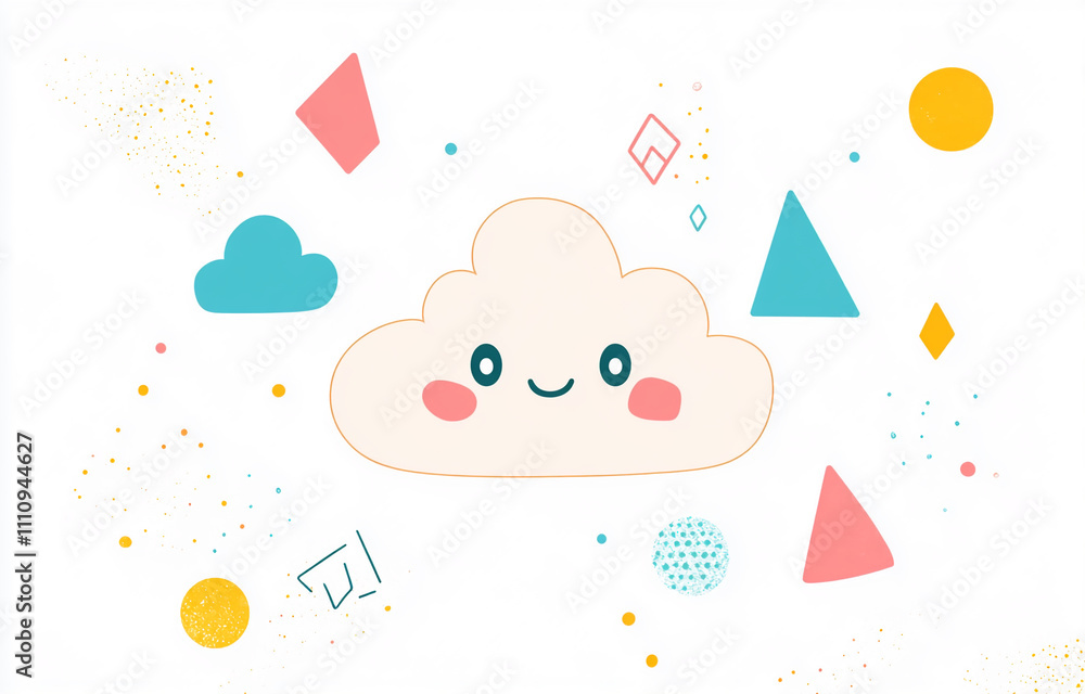 Poster whimsical cloud illustration surrounded by colorful geometric shapes capturing a playful atmosphere
