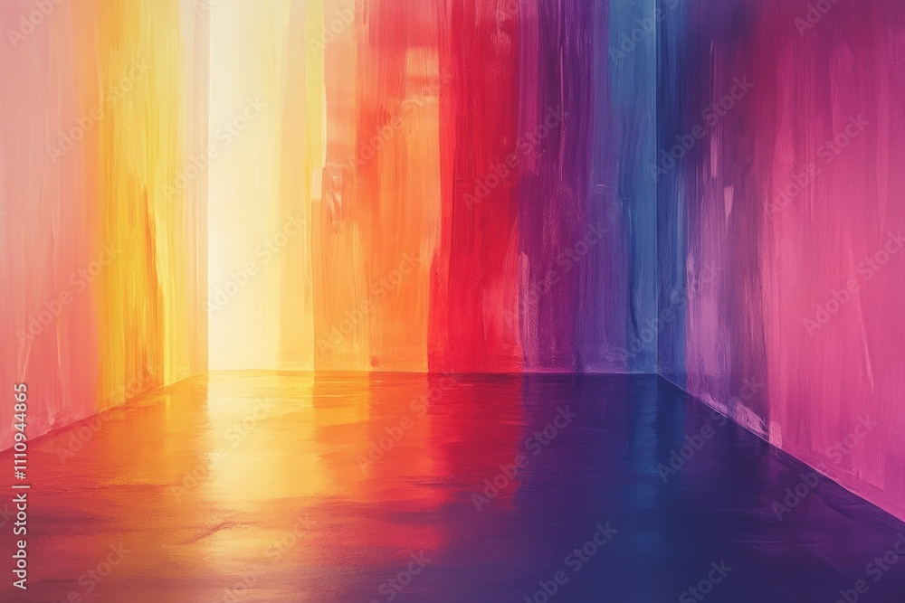 Poster vibrant colors reflecting on a shiny floor in an empty room, illuminated by a bright light source