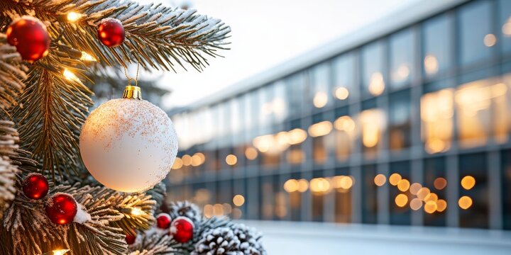 A festive Christmas tree branch adorned with a white ornament and red berries, with a bokeh-lit modern building in the background, capturing holiday spirit.