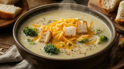 Photo of, A comforting bowl of creamy broccoli cheddar soup garnished with shredded cheddar cheese and croutons, Broccoli cheddar soup served in a ceramic bowl with steam rising delicately