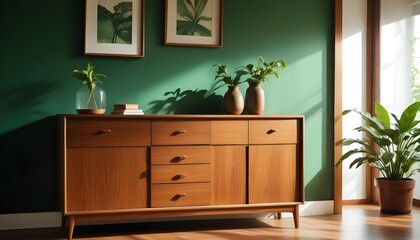 Wood sideboard in green living room with copy space