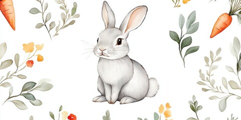 Cute gray rabbit surrounded by flowers and carrots in a whimsical design