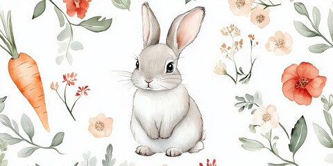 Cute gray rabbit surrounded by colorful flowers and a carrot in a whimsical design capturing the essence of spring and nature's beauty