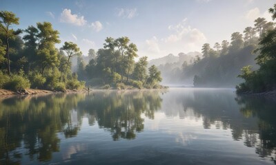 Obraz premium Landscape painting of serene riverside morning atmosphere with misty sky and calm water, soft colors, riverside scene
