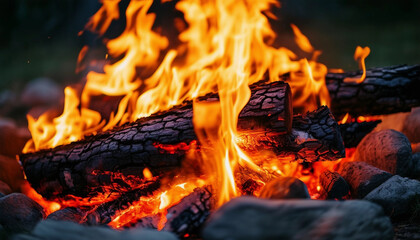 Fototapeta premium A nighttime outdoor setting featuring a close-up of a campfire. The fire is bright with orange flame