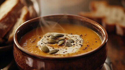 Photo of, A comforting bowl of creamy butternut squash soup garnished with toasted pumpkin seeds and a swirl of cream, Butternut squash soup served in a ceramic bowl with steam rising delicately