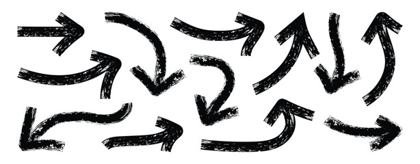 Different bold brush drawn curved arrows. Collection doodle marker thick arrows in different directions. Grunge curved brush strokes for collages. Curved and wavy brush strokes with scratches.