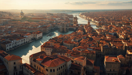 Fototapeta premium A panoramic aerial view of a historic European city with intricate canals, narrow streets, and rows