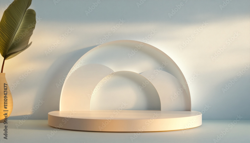 Poster minimalist showcase with curved design and warm lighting, featuring a decorative plant and neutral c