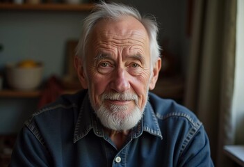 A senior man stands confidently, wearing a black jacket. Softly lit background. Portrait of a Russian man, 60-70-80 years old. Serious, wise, thoughtful face. Pensioner with gray hair. Generative AI