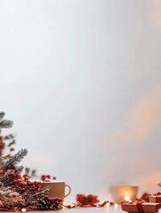 A warm and peaceful holiday setup featuring snow-dusted branches and minimalistic decor, exuding a relaxing atmosphere, perfect for cozy winter evenings indoors.