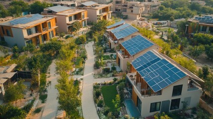 Obraz premium Aerial view of eco-friendly houses with solar panels and lush green landscaping.