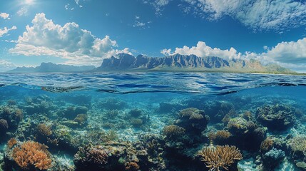 Fototapeta premium A beautiful ocean landscape with clean, unpolluted water and flourishing marine life, emphasizing the importance of protecting aquatic ecosystems for future generations